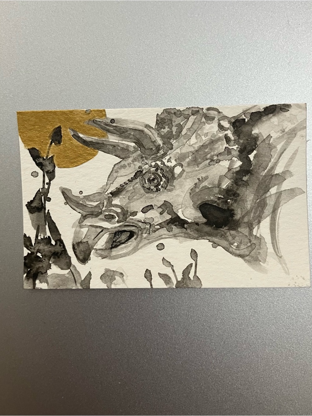 Original triceratops miniature realism painting dinosaur art sumi-e style Ettina